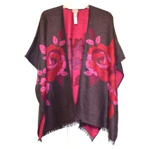 Chico's Wrap‎ / Shawl Women's Size 0 / Small Dark Gray w/ Pink Flower Roses EUC